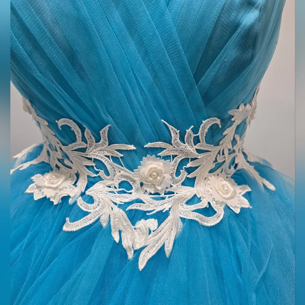 Mila Hoffman Custom Couture Ball Gown, Blue Topaz, White Floral Emroidered Waist - Picture 5 of 17